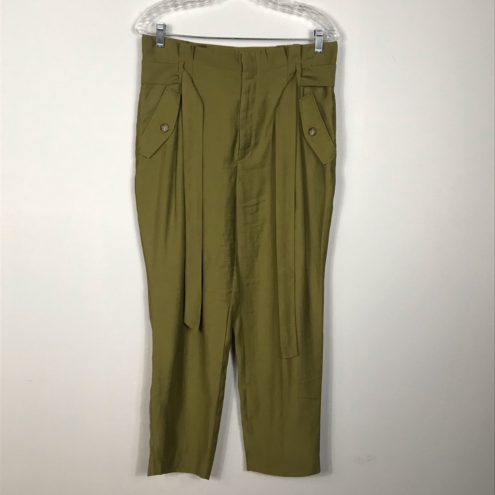 H&M Olive Green High Waist Paper Bag Trouser Pants Tie Belt Loose Fit Size 10